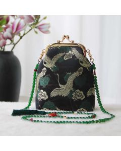 Buddha Stones Retro Chinese Embroidery Pearl Chain Crossbody Bag Shoudler Bag - Black Kirin Peony 14*6*18cm