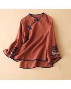 Buddha Stones Retro Flower Embroidery Design Long Sleeve Women's Shirt - DarkSlateBlue / US12，UK/AU16，EU44 (4XL)