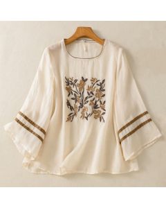Buddha Stones Retro Embroidery Floral Three Quarter Sleeve Women's T-Shirt - Beige / US2，UK/AU6，EU34 (M)