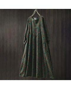 Buddha Stones Retro Floral Pattern A-line Design Long Sleeve Women's Midi Dress - DarkOliveGreen / US4-8/10，UK/AU8-12/14，EU36-40/42 (F)