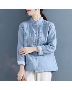 Buddha Stones Retro Flower Design Thermal Long Sleeve Cotton Linen Women's Shirt - LightSkyBlue / US4，UK/AU8，EU36 (L)
