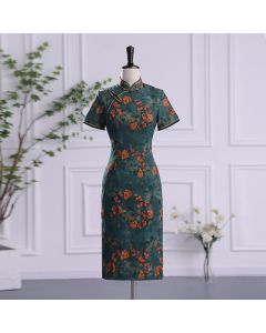 Buddha Stones Retro Flower Lotus Peony Feather Print Qipao Dress Women's Cheongsam Dress - Green Lotus / US2，UK/AU6，EU34 (M)