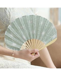 Buddha Stones Retro Large Flower Embroidery Shell Shape Tassels Handheld Bamboo Folding Fan - MidnightBlue Flowers 21cm