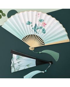 Buddha Stones Retro Lotus Flower Leaf Mountain Lake Handheld Folding Fan With Bamboo Frames - Lotus Flower Leaf / Brown Bamboo Frames