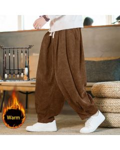 Buddha Stones Retro Men's Plain Fleece-Lined Corduroy Simple Design Harem Pants With Pockets - Black(Standard Version) / US/UK/AU46，EU56 (5XL)