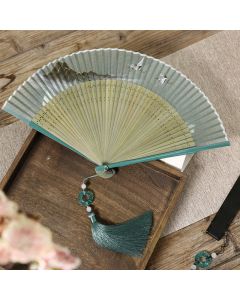 Buddha Stones Retro Mountain River Crane Silk Handheld Bamboo Folding Fan - Black Mountain River Crane 22.5cm(With Gift Box)