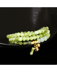 Buddha Stones Retro Multilayer Lily of the Valley Bamboo Green Chalcedony Strength Bracelet - Green Chalcedony(Wrist Circumference: 14.5-15cm)
