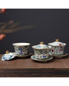 Buddha Stones Retro Plum Blossom Pine Bamboo Phoenix Kirin Ceramic Gaiwan Sancai Teacup Kung Fu Tea Cup and Saucer with Lid - Kirin(10cm*9.7cm*190ml)