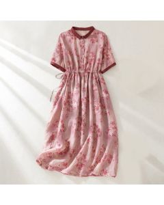 Buddha Stones Printing Buttons Drawstring High Waist Short Sleeve Midi Dress With Pockets - PaleVioletRed / US8-10，UK/AU12-14，EU40-42 (2XL)