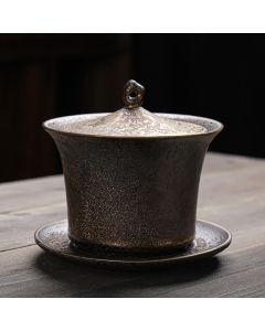 Buddha Stones Retro Rust Glaze Ceramic Gaiwan Sancai Teacup Kung Fu Tea Cup And Saucer With Lid - 11.2*10.2cm*230ml