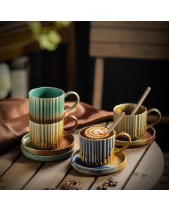 Buddha Stones Retro Striped Kiln Change Ceramic Coffee Mug Rough Pottery Tea Coffee Cup With Saucer 250ml - Azure 12cm*8.5cm*7cm*250ml