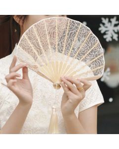 Buddha Stones Rose Embroidery Lace Shell Shape Tassels Handheld Bamboo Folding Fan - OldLace Rose 22cm