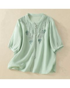 Buddha Stones Rose Floral Embroidery Button Half Sleeve Women's Cotton Shirt - Honeydew / US6，UK/AU10，EU38 (M)