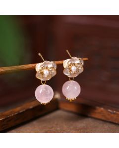 Buddha Stones Rose Quartz Camellia Loving Energy Drop Earrings - Camellia Rose Quartz Drop Stud / Rose Quartz(Love ♥ Self Love)