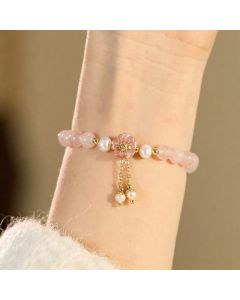 Buddha Stones Rose Quartz Pearl Flower Charm Love Bracelet - Rose Quartz Blossom (Wrist Circumference: 5.5–5.9 in/14–15 cm)