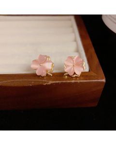 Buddha Stones Rotatable Design Four-Leaf Flower Pink Cat's Eye Support Stud Earrings - Pink Cat's Eye(925 Sterling Silver Posts)
