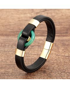 Buddha Stones Round Green Aventurine Black Onyx Hematite Agate Rose Quartz Stone Balance Leather Magnetic Buckle Bracelet - Topaz-Gold / 18-20cm