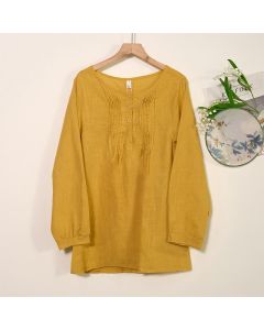 Buddha Stones Round Neck Casual Pleated Long Sleeve Shirt Cotton Linen Women's Shirts - Goldenrod / US/UK/AU36，EU46 (L)