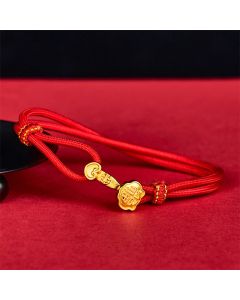 Buddha Stones Ruyi Handle Fu Character Copper Plated Gold Rope Adjustable Luck Bracelet - Black Rope(Wrist Circumference: 14-16cm)