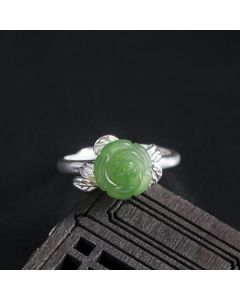 Buddha Stones 925 Sterling Silver Jade Green Rose Luck Adjustable Ring - Jade Rose(Circumference: 56-59mm)