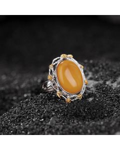 Buddha Stones 990 Sterling Silver Plated Gold Amber Focus Adjustable Ring - Amber(Circumference: 54-60mm)