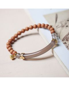 Buddha Stones Sandalwood Gray Agate Chalcedony Cuff Half Bracelet Bangle - Chalcedony Black Sandalwood Double Wrap(Wrist Circumference: 14-16cm)