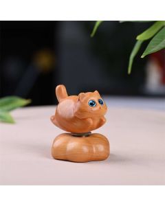 Buddha Stones Sandalwood Rotating Small Cat Tea Pet Meditation Cute Animal Decor - Golden Approx. 6*5.5*6cm