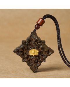 Buddha Stones Sappanwood Lotus Carved Square Shape Enlightenment Pendant Necklace - Auspicious Lotus