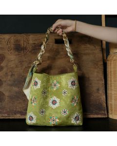 Buddha Stones Satin Su Embroidery Journey Shopping Shoulder Bag Handbag Crossbody Bag - Red (24*7*22cm)