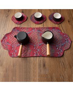 Buddha Stones Sea Wave Bamboo Plum Blossom Brocade Embroidery Cup Mat Pad Tea Cup Coaster Kung Fu Tea Mat - Coaster 13*11.5cm / Letter Red