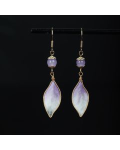 Buddha Stones Silk Art Handmade Purple Gradient Petals Blessing Dangle Earrings - Silk fibers(Size: About 6.3*1.4cm)