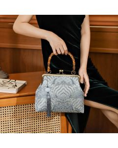 Buddha Stones Silver Lines Bamboo Handle Metal Chain Crossbody Bag Handbags - Yellow 26*7*20cm