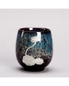 Buddha Stones Silver Lotus Flower Leaf Chinese Jianzhan Ceramic Teacup Kung Fu Tea Cup 150ml - Blue 6cm*7.5cm*150ml