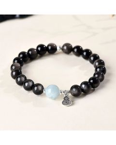 Buddha Stones Silver Sheen Obsidian Aquamarine Grounding Lucky Gourd Round Bracelet - Silver Sheen Obsidian(Protection♥Soothing)