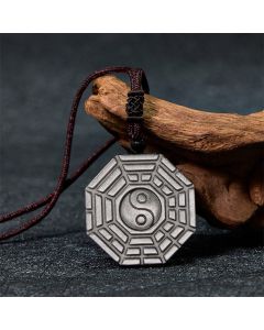 Buddha Stones Silver Sheen Obsidian Bagua Yin Yang Symbol Protection Necklace Pendant - Silver Sheen Obsidian