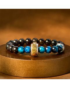 Buddha Stones Silver Sheen Obsidian Blue Tiger Eye Om Mani Padme Hum Protection Bracelet - Silver Sheen Obsidian Blue Tiger Eye (Wrist Circumference: 15-16cm)