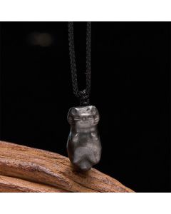 Buddha Stones Silver Sheen Obsidian Cat Pendant Grounding Braided Cord Necklace - Silver Sheen Obsidian(Grounding ♥ Intuition)
