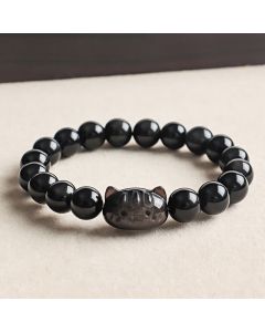 Buddha Stones Silver Sheen Obsidian Hand Carved Cat Pendant Calmness Handmade Bracelet - Amethyst(Stress Relief ♥ Intuition)