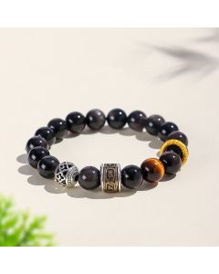 Buddha Stones Silver Sheen Obsidian Tiger Eye Om Mani Padme Hum Protection Bracelet - Silver Sheen Obsidian(Wrist Circumference: 14-15cm)