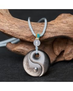 Buddha Stones Silver Sheen Obsidian Yin Yang Symbol Protection Necklace Pendant - Silver Sheen Obsidian
