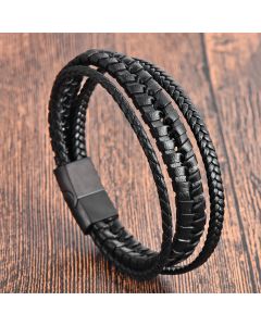Buddha Stones Simple Braided Pattern Titanium Steel Strengthen Multi-layer Leather Buckle Bracelet - Two-layer(Wrist Circumference: 18-20cm)