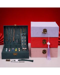 Buddha Stones Simple Design Jewelry Box Organizer Two-Layer Jewelry Storage Box Flannel Box With Lock - Purple23*19*6.5cm
