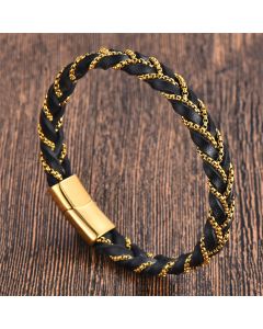 Buddha Stones Simple Design Titanium Steel Calm Braided Leather Buckle Bracelet - Black(Wrist Circumference: 18-20cm)
