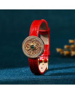 Buddha Stones Six True Words Eight Treasures Compass Jade 24K Gold Plated Luck Leather Bracelet - Six True Words Leather Bracelet (Wrist Circumference: 15-22cm)