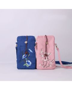 Buddha Stones Small Embroidered Flowers Crossbody Bag Shoulder Bag Cellphone Bag 11*20cm - Pink Peach Blossom 11*20cm