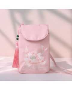 Buddha Stones Small Embroidered Flowers Crossbody Bag Shoulder Bag Double Layer Cellphone Bag - Green Orchid Butterfly 13.5*19.5*2.5cm