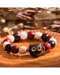 Buddha Stones Small Leaf Red Sandalwood Ebony Wood Cute Cat Engraved Protection Bracelet - Small Leaf Red Sandalwood(Keep away evil spirits♥Protection)