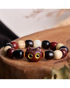 Buddha Stones Small Leaf Red Sandalwood Ebony Wood Cute Cat Engraved Protection Bracelet - Ebony Wood(Balance♥Calm)