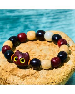Buddha Stones Small Leaf Red Sandalwood Ebony Wood Cute Cat Engraved Protection Bracelet - Ebony Wood(Balance♥Calm)