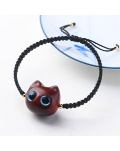 Buddha Stones Small Leaf Red Sandalwood Ebony Wood Cute Cat Head Calm Protection Braided Bracelet - Ebony Wood(Balance♥Calm)(Wrist Circumference 14-16cm)